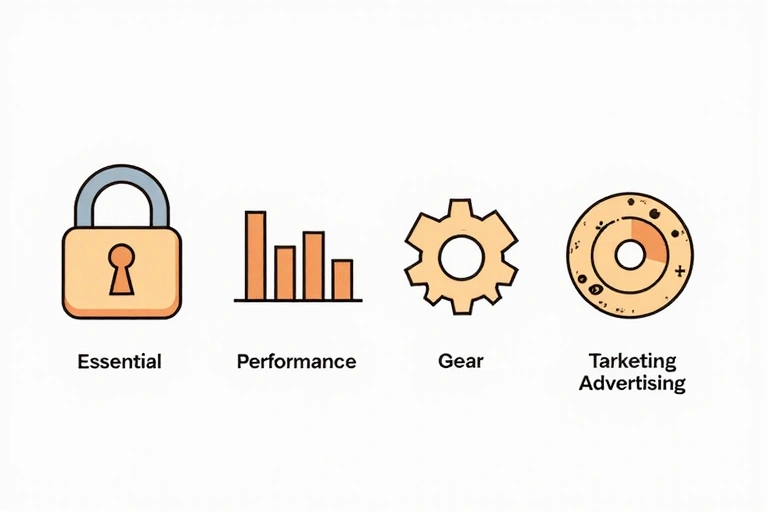 Illustrazione di diverse tipologie di cookie, ognuno con un'icona che rappresenta la sua funzione: un lucchetto per essenziali, un grafico per performance, una rotella per funzionalità, un bersaglio per targeting.
