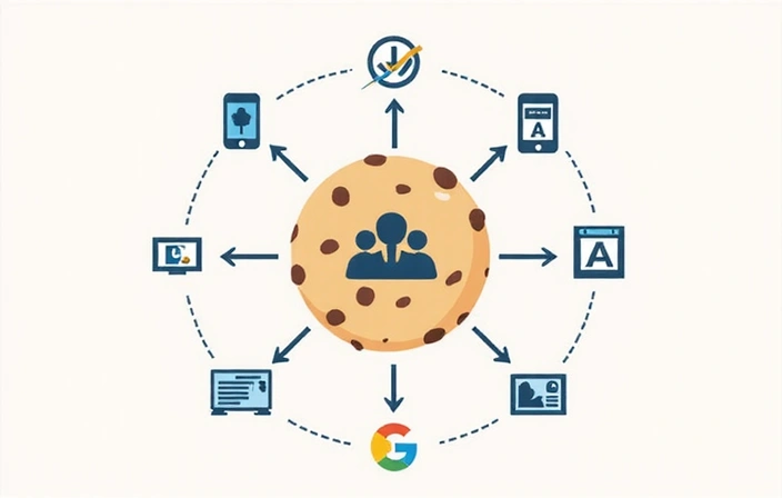 Illustrazione che mostra frecce che si diramano da un sito web centrale verso diverse icone di servizi di terze parti come Google Analytics, social media e piattaforme video, simboleggiando i cookie di terze parti.