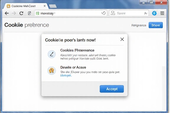 Illustrazione di un'interfaccia di browser con un popup di gestione dei cookie, simboleggiando il controllo dell'utente sulle preferenze.