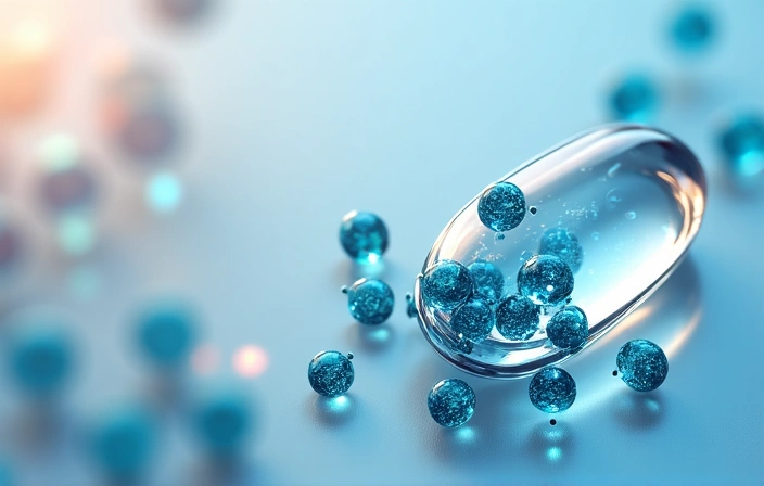 Illustrazione di molecole di Omega 3 e una capsula, simbolo di purezza e scienza.
