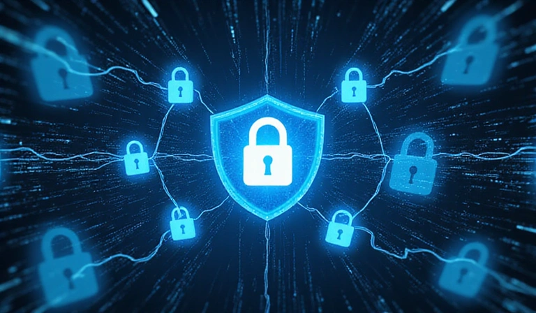 Rappresentazione grafica della sicurezza dei dati con lucchetti e scudi digitali
