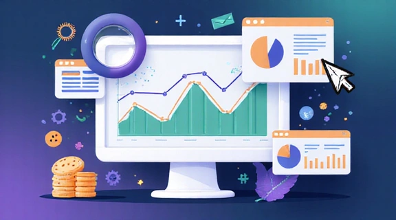 Illustrazione di dati di navigazione e analisi web, con grafici, icone di cookie e un puntatore del mouse