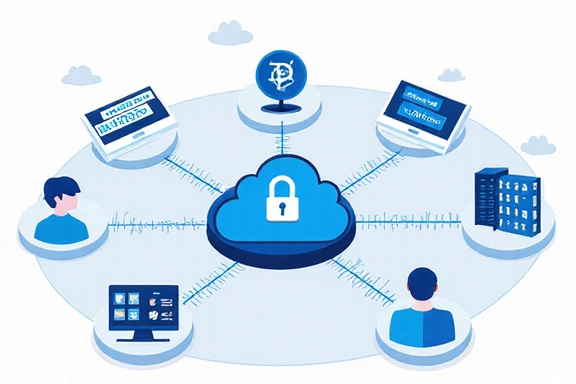 Illustrazione di connessioni digitali e condivisione sicura di dati tra entità diverse