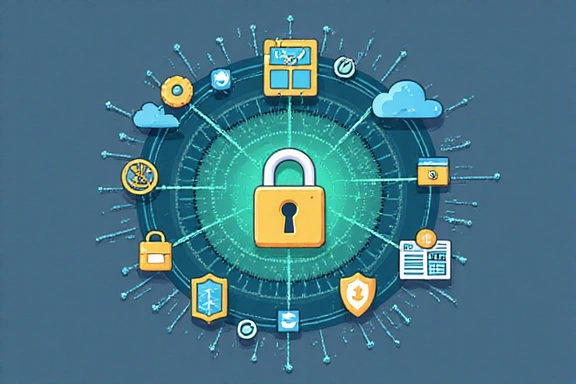 Illustrazione di sicurezza dei dati con lucchetto e icone digitali