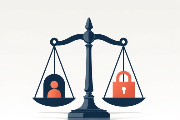 Illustrazione di bilance della giustizia con icone di dati personali, a simboleggiare l'equilibrio tra privacy e legittimo interesse