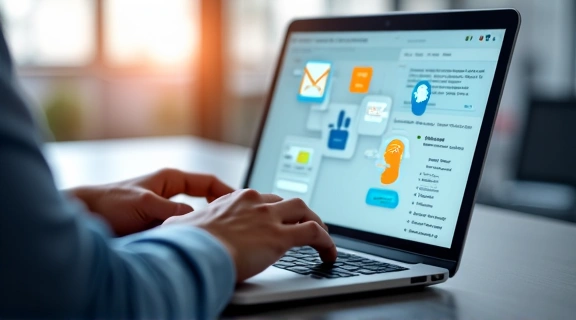 Persona che compila un modulo online su un computer portatile, con icone di contatto sullo sfondo